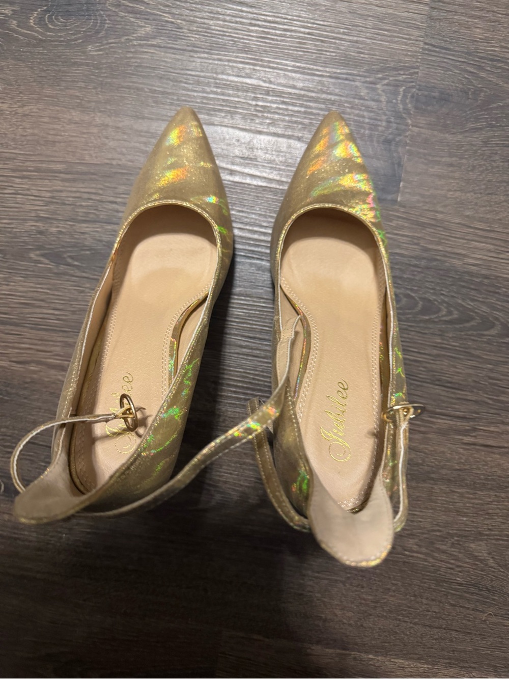 Holographic Gold Pointed-Toe Ankle-Strap Stilettos - Picture 3 of 7